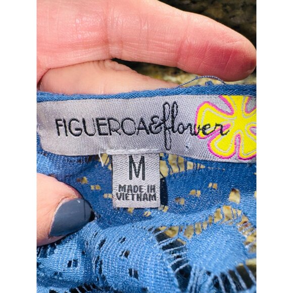 Anthropologie Fig & Flower Blue Embroidered Button Blouse M Crochet Lace Cottage - Picture 3 of 8